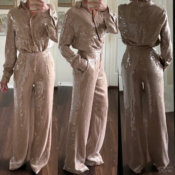JLUXLABEL Pants - JLUXLABEL tan nude clear sequin wide leg pants button up blouse two piece set